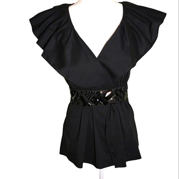 BCBGMAXAZRIA Top Women's Size S Black Sleeveless Ruffle Collar Belted - Picture 5 of 11